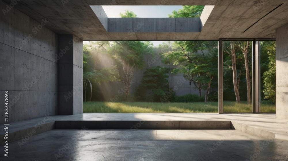 Poster empty concrete room with sunlight streaming through openings and view of green trees and grassy lawn