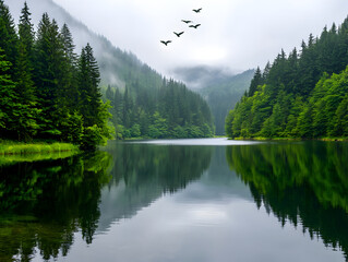 Naklejka premium serene lake with clean water surrounded by lush green forest misty mountains