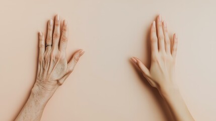 Generational contrast: side-by-side comparison of elderly and young hands on neutral background
