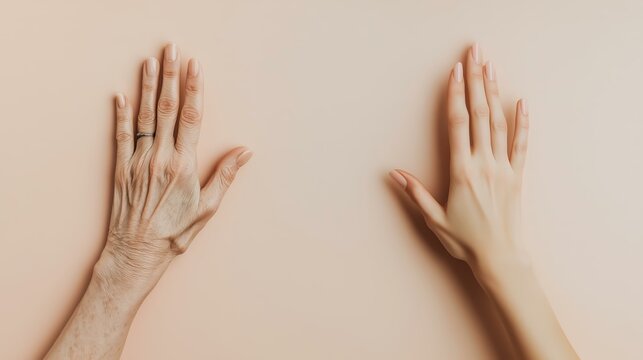 Generational contrast: side-by-side comparison of elderly and young hands on neutral background