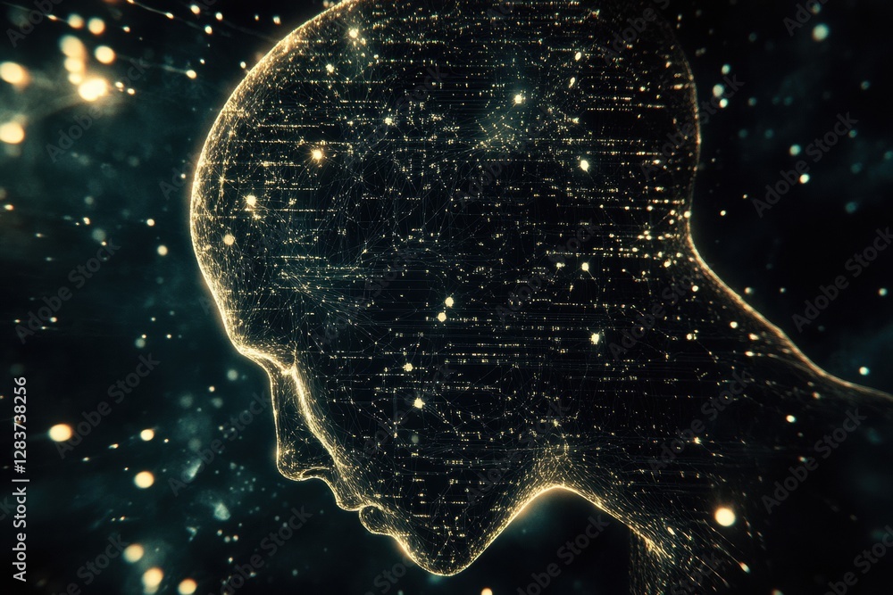 Fototapete human silhouette filled with glowing quantum circuits showcasing advanced computing concepts in dark
