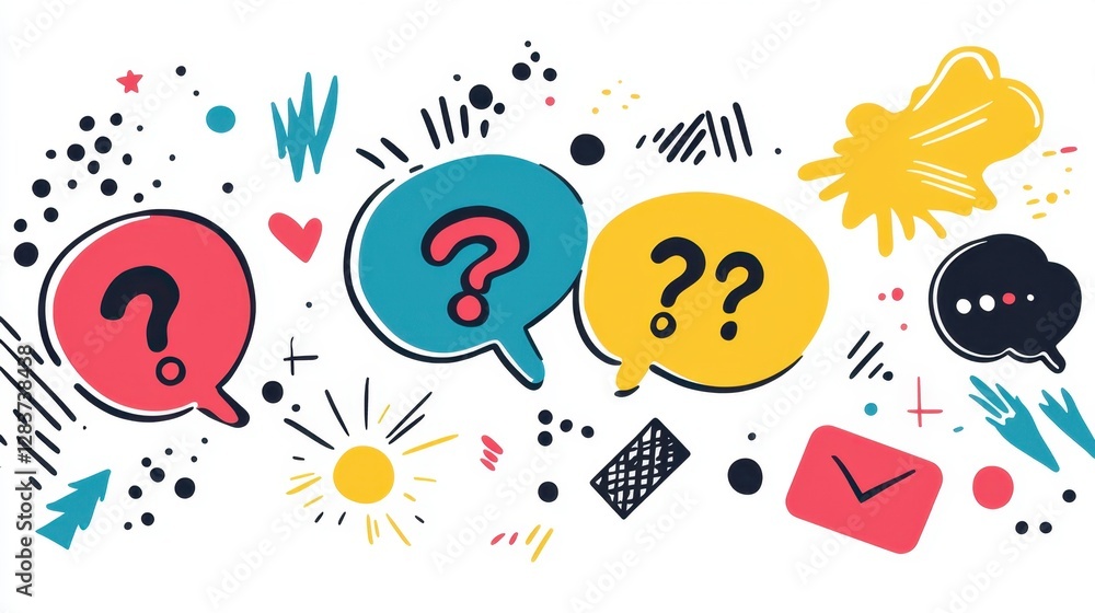 Poster colorful question marks with vibrant background elements for creative communication and inquiry in m