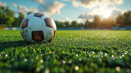 Fototapeta premium Close-up of a dirty soccer ball on a dewy green field at sunset.