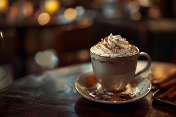 Warm Cup of Hot Chocolate with Whipped Cream and Chocolate Sprinkles