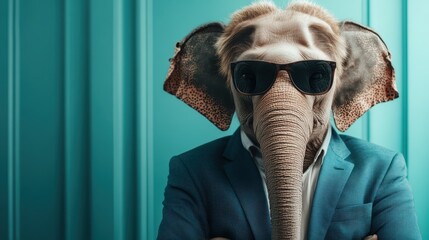 A stylish elephant character, donned in a suit and sunglasses, poses with a confident demeanor, creating a humorous take on fashion through animals in a vibrant setting.