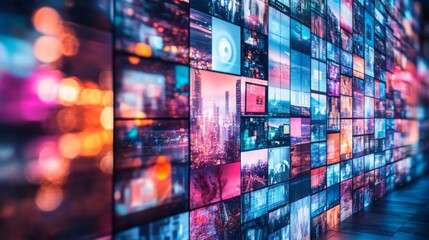 Fototapeta premium Large video wall displaying colorful and diverse content patterns