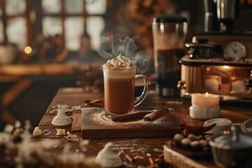 Cozy Hot Coffee with Whipped Cream in a Rustic Cafe Setting