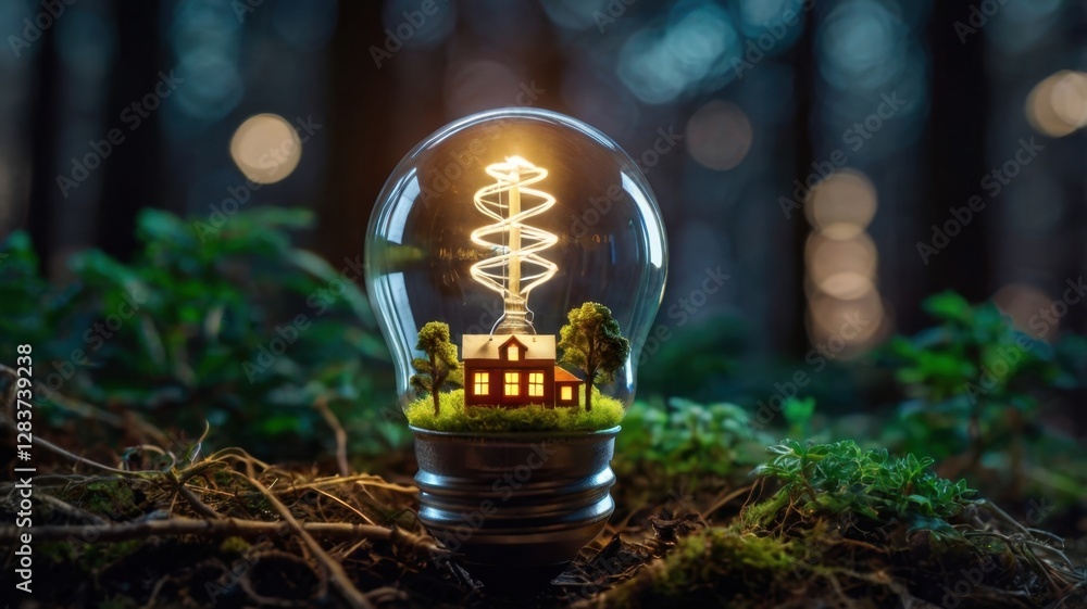 Aufkleber glowing lightbulb with miniature city and forest scene emphasizing energy and ecology in soft focus 