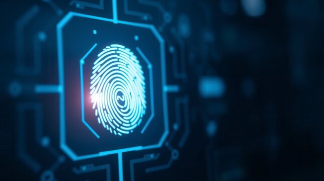 A glowing fingerprint on a digital interface symbolizes high-tech biometric security system.