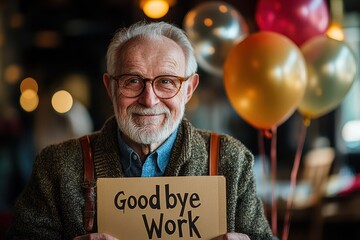 Happy Retiree Holding Goodbye Work Sign Balloons Background