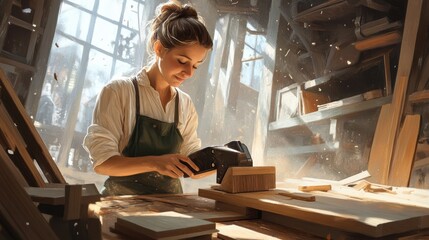 Skilled Female Artisan Sanding Wood in Modern Workshop Environment