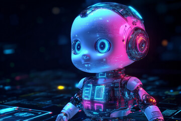 A baby robot with mechanical eyes, overlaid with digital code and holographic data streams with copy space. Soft neon glow. 