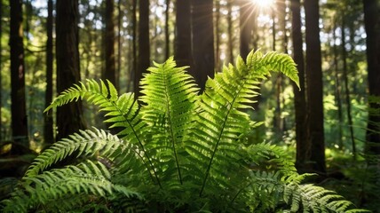 Green Fern Illuminated by Sunlight in a Dense Forest with Tall Trees and Natural Woodland Setting