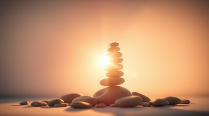 Obraz premium Zen stones stacked in perfect harmony, bathed in the warm glow of a serene sunset, creating a peaceful scene.