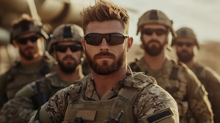 A group of military personnel stands confidently in tactical gear, portraying strength, camaraderie, and readiness for action in a challenging environment.