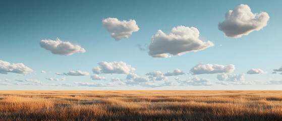 Fototapeta premium Golden Prairie Landscape Under Blue Sky with White Clouds