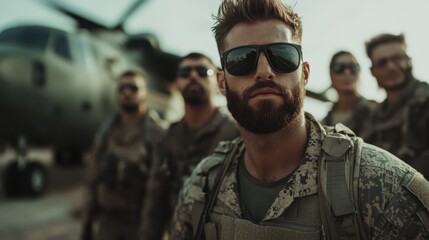 Fototapeta premium A group of soldiers in tactical gear, confidently posing in front of a military helicopter, representing strength, camaraderie, and dedication in service.