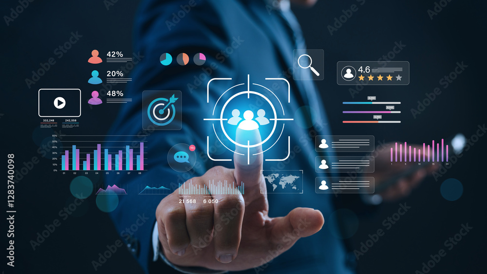 Wall mural digital marketing strategy and audience targeting concept. businessman interacts with data analytics