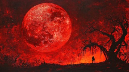 Red moon rendezvous, two figures converging under the ominous glow of a gargantuan red moon