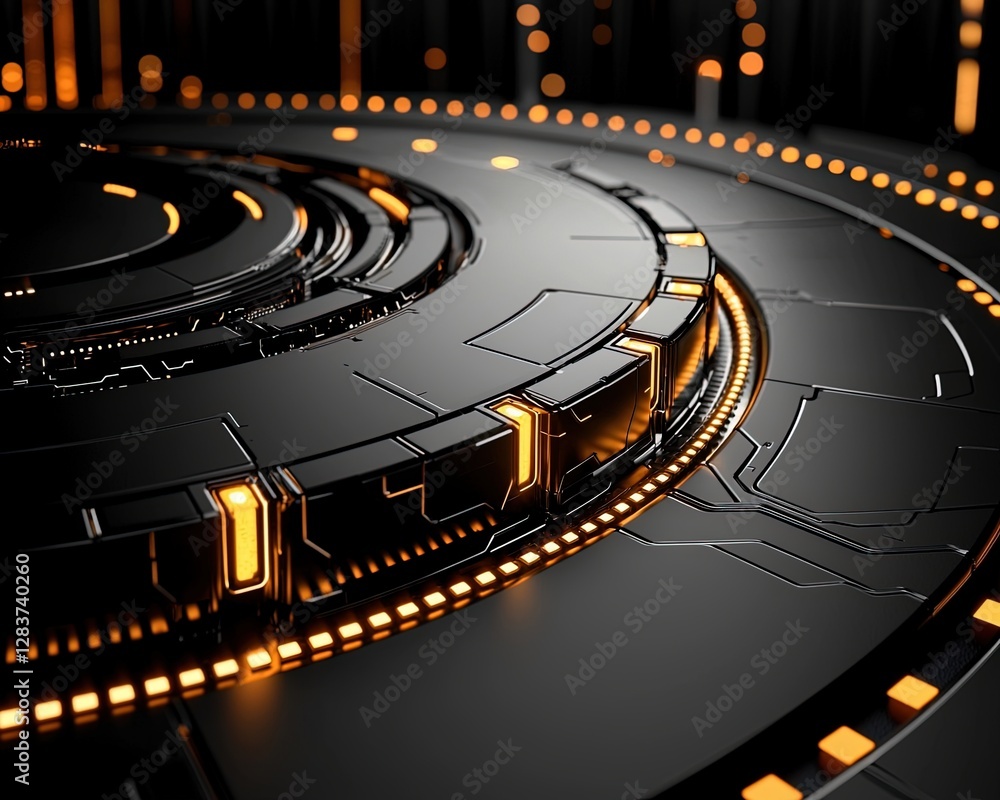 Poster franchise growth, futuristic abstract background with circular patterns and glowing elements in dark
