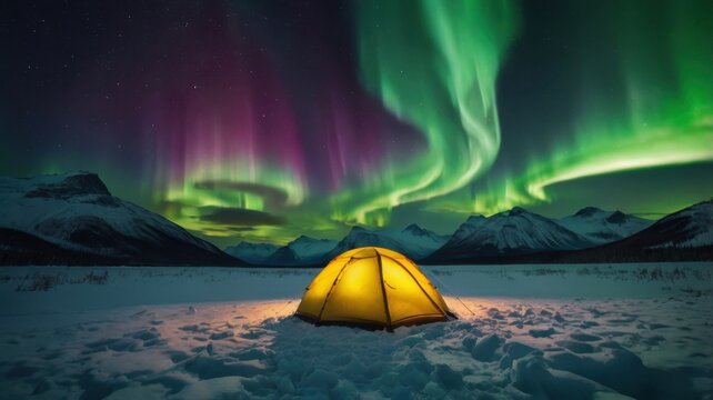 Illuminated Yellow Tent Under Swirling Northern Lights in a Winter Landscape with Snow Capped Mountains Against a Starry Night Sky - Powered by Adobe