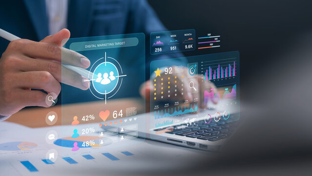 Digital marketing and audience customer targeting insight concept. businessman analyzing social media strategy, online advertising, customer engagement, and conversion rates
