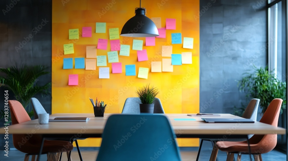 Poster modern workspace showcasing a vibrant wall covered in colorful sticky notes. representing multitaski