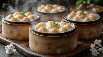 Steamed dumplings in bamboo steamers, with cherry blossoms in the background