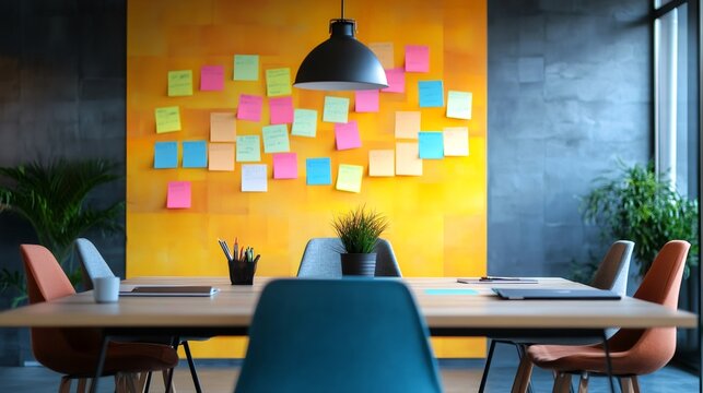 Modern workspace showcasing a vibrant wall covered in colorful sticky notes. Representing multitasking. Time management. And the chaotic nature of meeting work deadlines in a busy office environment