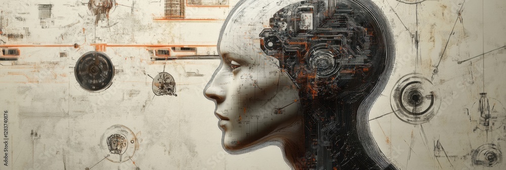 Leinwandbilder detailed schematic representation of artificial intelligence within a human head outline illustratin