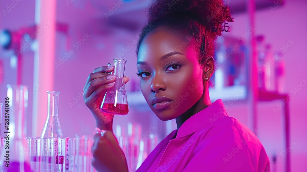 Aufkleber a scientist in a lab holds a flask with pink liquid, surrounded by glassware and colorful lighting.