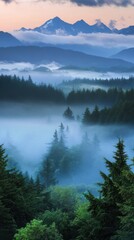 Rolling mist revealing hidden mountain peaks. Vertical