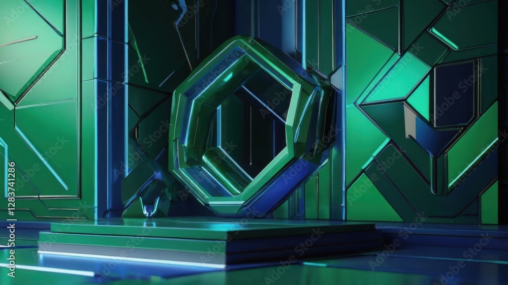 Poster mind green and blue abstract geometric design in three dimensions with digital rendering on platform