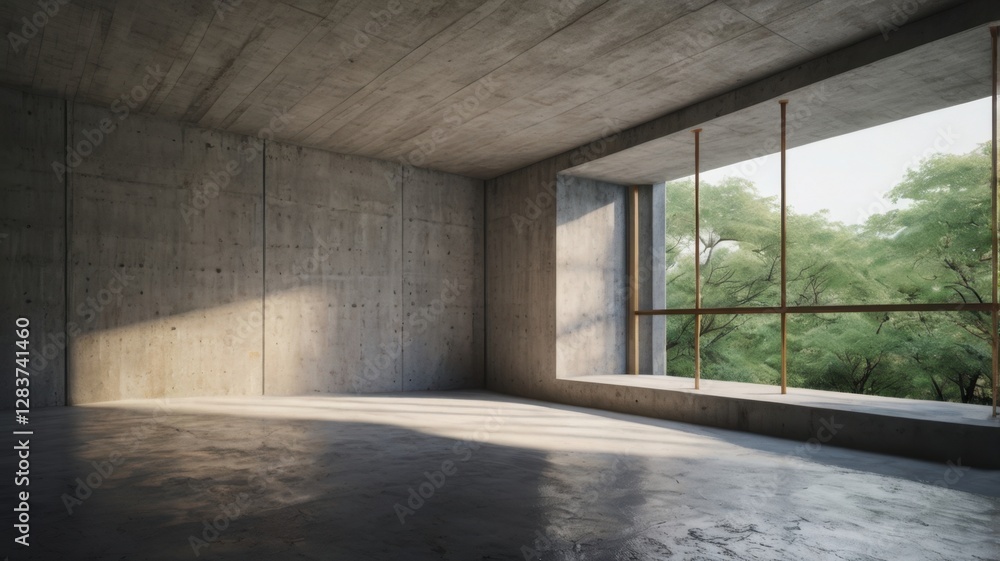 Poster minimalist empty concrete room with large window overlooking green trees and natural light streaming