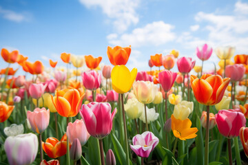 Colorful Tulip Field in Full Bloom Under Blue Sky