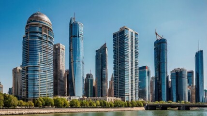 Obraz premium Modern Cityscape Skyline Featuring Glass Skyscrapers Reflecting Blue Sky and Green Trees Along River in Broad Daylight