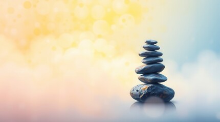 Obraz premium Balanced stones stacked create a tower of tranquility and peace against a bokeh background.