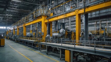 Fototapeta premium Modern Factory Interior with Yellow Conveyor System and Advanced Automated Machinery for Industrial Manufacturing