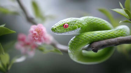 Fototapeta premium Green snake is on a branch with pink flowers