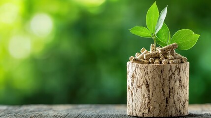 Wood pellets used for biomass energy, with a backdrop of nature and green strategies for CO2 reduction and sustainability