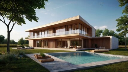 Fototapeta premium Modern Wooden House with Swimming Pool and Green Lawn Under Blue Sky on a Sunny Day in a Tranquil Suburban Setting