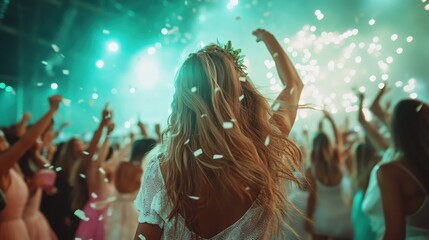 This vibrant image captures a celebratory event filled with joy as people dance, cheer, and embrace the festive atmosphere filled with confetti and lively music.