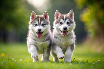 Playful Husky Puppies: Two adorable Siberian husky puppies frolic playfully in a sun-drenched grassy field. capturing their joyful expressions and fluffy coats.