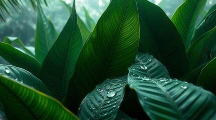 Close-up of vibrant green tropical leaves adorned with glistening raindrops in a lush, natural setting.