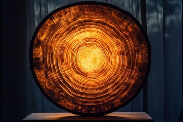 ancient oak tree cross-section displaying mesmerizing concentric rings, deep amber and honey tones, high-contrast grain patterns illuminated by soft natural light
