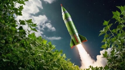 Rocket Launching into Dark Sky with Plume of Smoke from Ground Amidst Green Foliage Reaching for Skyward bound for Limitless Space Exploration