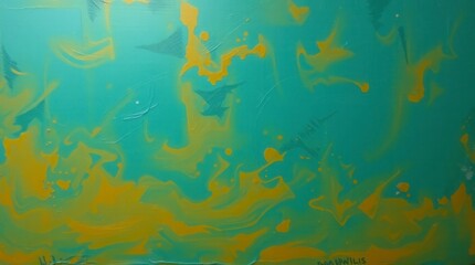 Abstract painting in vibrant teal with golden swirls and dots offers a modern art feel.