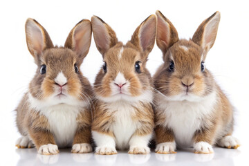 Fototapeta premium Three Bunnies in a Row: A portrait of three adorable bunnies, each with unique fur patterns, sitting together in a charming and endearing pose. Evoking feelings of warmth and companionship.