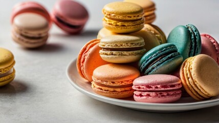 Obraz premium Stack of Colorful Macarons on a White Plate Delicious French Dessert Treat with a Variety of Colors and Flavors Close Up Studio Shot