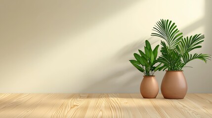 Minimalist Interior with Green Plants and Soft Shadow on Wall